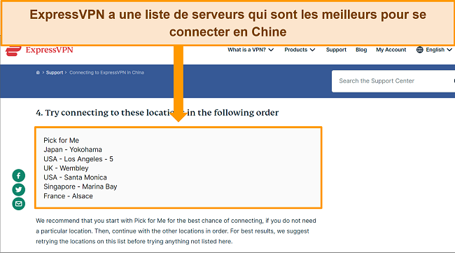 Capture d'écran du site d'aide d'ExpressVPN affichant une liste des serveurs recommandés pour établir une connexion en Chine.