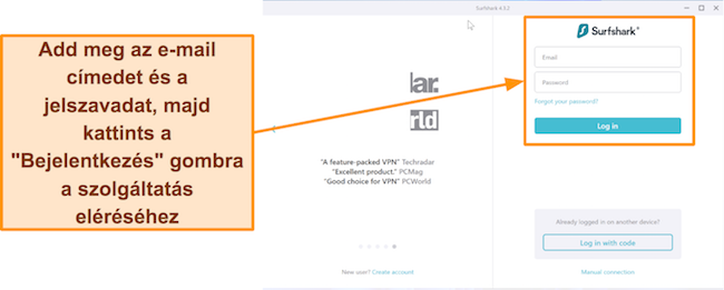 Képernyőkép a Surfshark bejelentkezési oldaláról