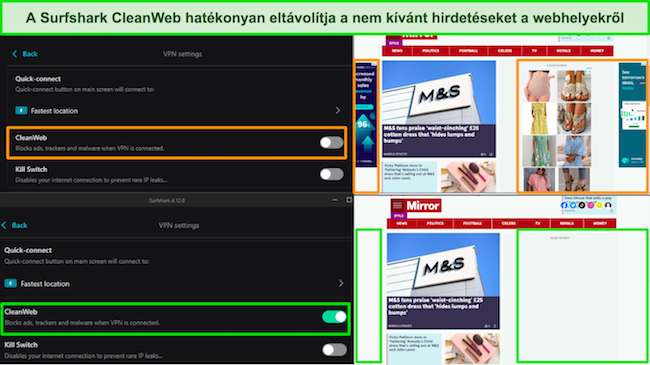 Képernyőkép a Daily Mail webhelyről, ahol a Surfshark CleanWeb funkciója blokkol minden hirdetést