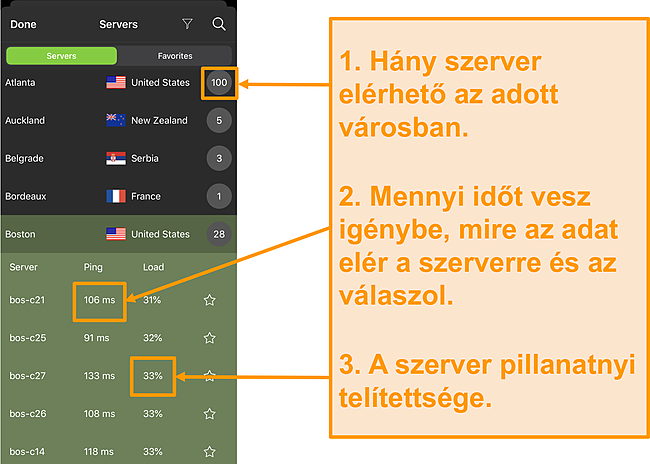 Képernyőkép az IPVanish szerverlistáról, kiemelve a kiszolgáló számát, a pinget és a szerver terhelését