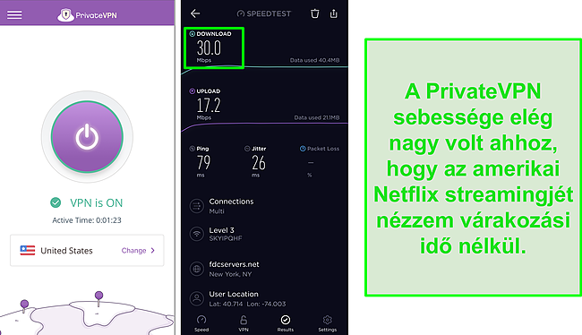Pillanatkép az amerikai szerverhez kapcsolt PrivateVPN-ről és az Ookla sebességteszt