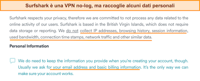 Screenshot dell'informativa sulla privacy di Surfshark