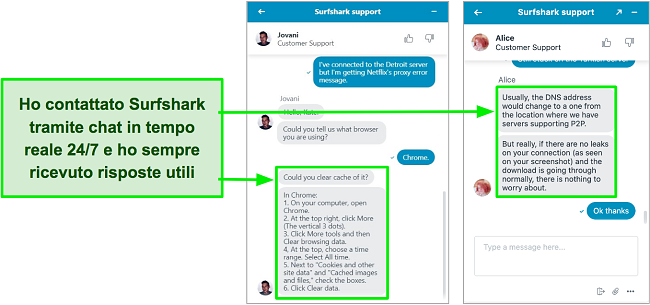 Screenshot della funzione di live chat 24 ore su 24, 7 giorni su 7 di Surfshark con consigli per la risoluzione dei problemi relativi a Netflix US e torrenting