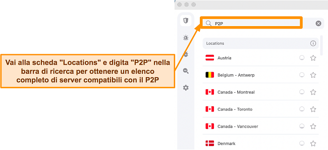 Screenshot dei server P2P di Surfshark sull'app per Mac