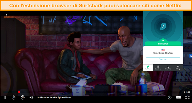 Screenshot dell'estensione del browser di Surfshark collegata agli Stati Uniti durante la riproduzione di Spider-Man: Into the Spider-Verse su Netflix US