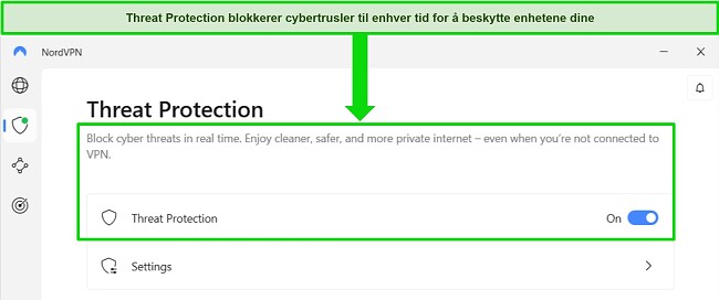 Skjermbilde av NordVPNs Windows-app som viser Threat Protection-funksjonen er alltid på.