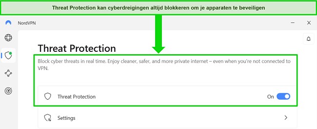 Screenshot van de Windows-app van NordVPN die laat zien dat de Threat Protection-functie altijd aan staat.