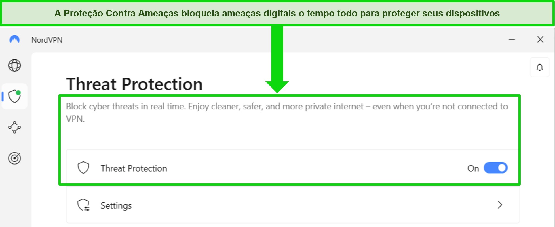 Captura de tela do aplicativo NordVPN para Windows mostrando que o recurso de proteção contra ameaças está sempre ativado.