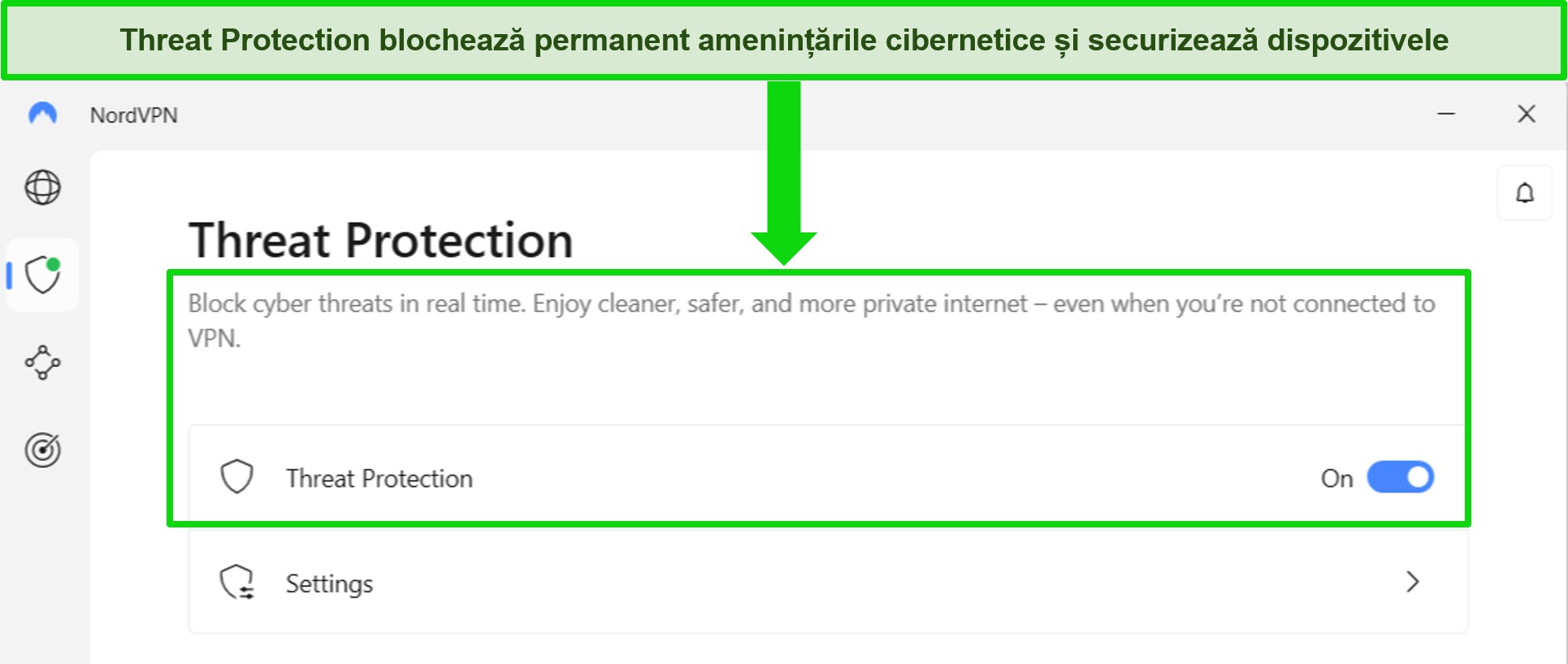 Captură de ecran a aplicației Windows NordVPN care arată că funcția de protecție împotriva amenințărilor este întotdeauna activată.