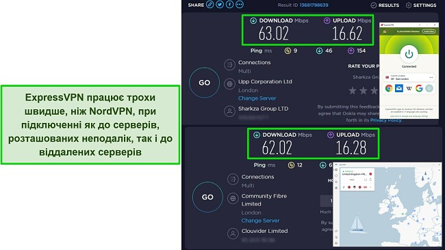 Скріншоти ExpressVPN і NordVPN, підключених до британських серверів, із результатами тестів швидкості Ookla показують, що ExpressVPN трохи швидший.