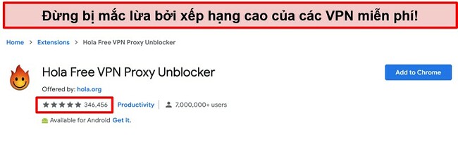 Ảnh chụp màn hình của Hola Free VPN Proxy Unblocker trên cửa hàng tiện ích mở rộng của Google Chrome