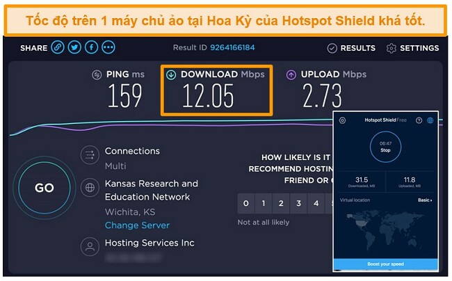 Ảnh chụp màn hình phiên bản miễn phí của Hotspot Shield trên máy Mac được kết nối với máy chủ Hoa Kỳ với kết quả kiểm tra tốc độ