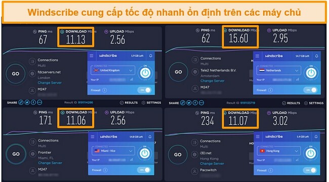 Ảnh chụp màn hình kết quả kiểm tra tốc độ cho Windscribe VPN và các máy chủ của nó ở Vương quốc Anh, Hà Lan, Hoa Kỳ và Hồng Kông