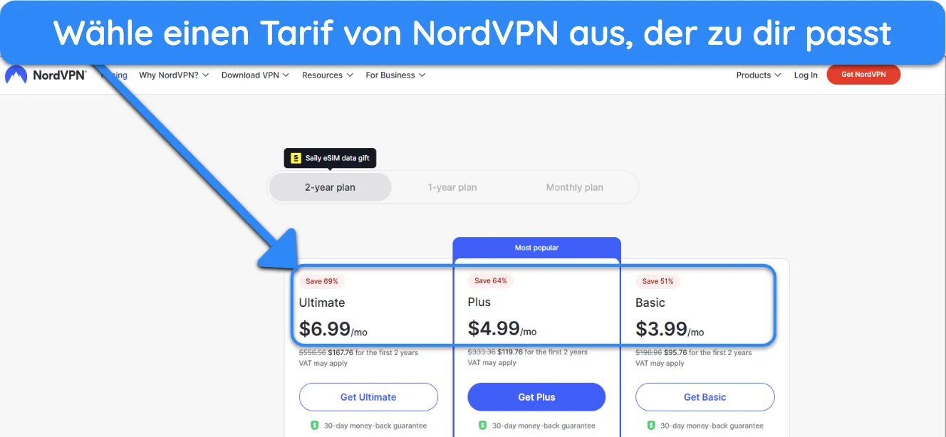 Screenshot der zeigt, wie man ein NordVPN-Abonnement auswählt.