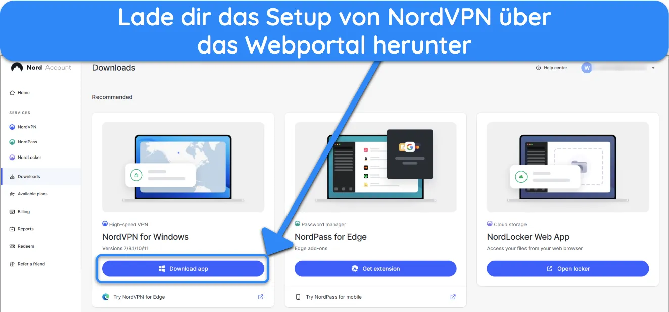 Screenshot der zeigt, wie man NordVPN über das Webportal einrichtet.