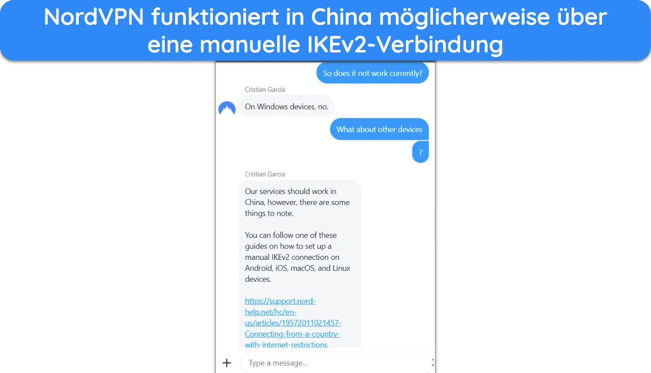 Screenshot des NordVPN-Supports, der erklärt, wie das VPN in China funktionieren könnte.