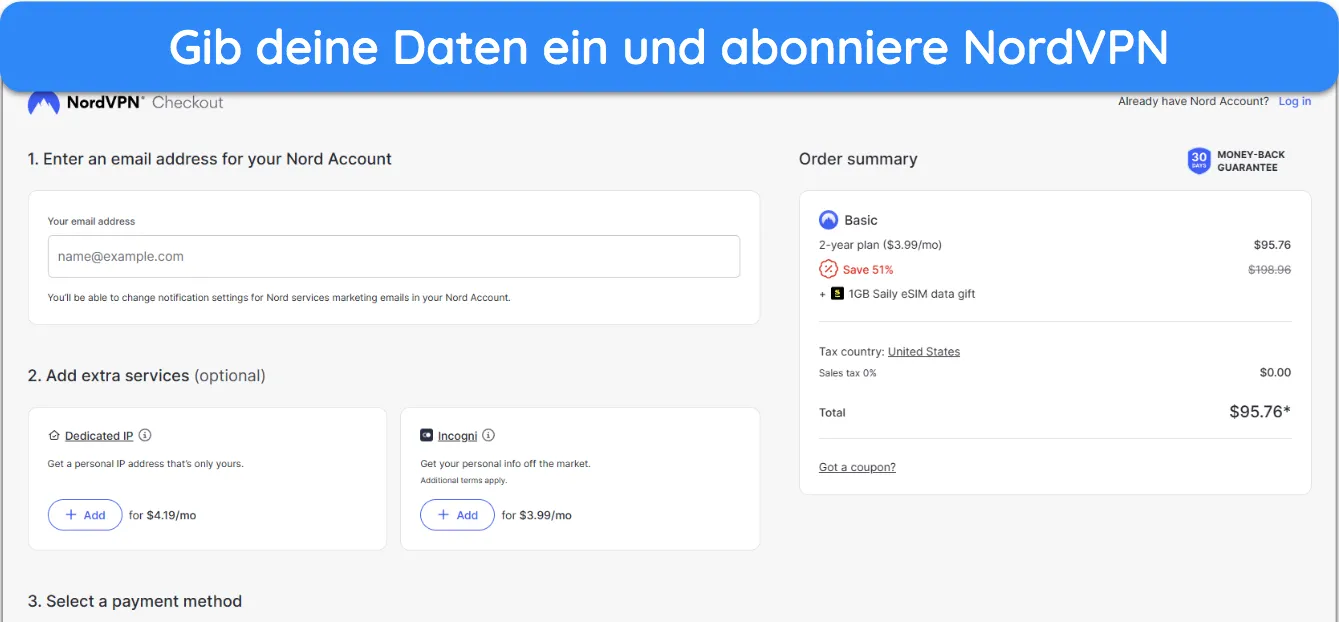 Screenshot der zeigt, wie man NordVPN abonniert, nachdem man einen Plan ausgewählt hat.