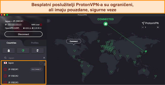 Snimka zaslona Proton VPN-a spojenog na besplatni poslužitelj u Japanu.