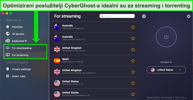 Slika Mac aplikacije CyberGhost, koja prikazuje optimizirane poslužitelje za strujanje i optimiziranu lokaciju izbornika poslužitelja.