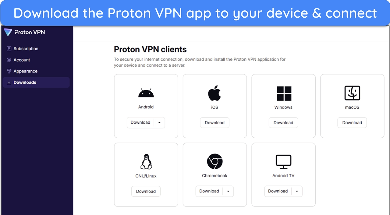 image of Proton VPN account page showing the available apps to download to different devices.