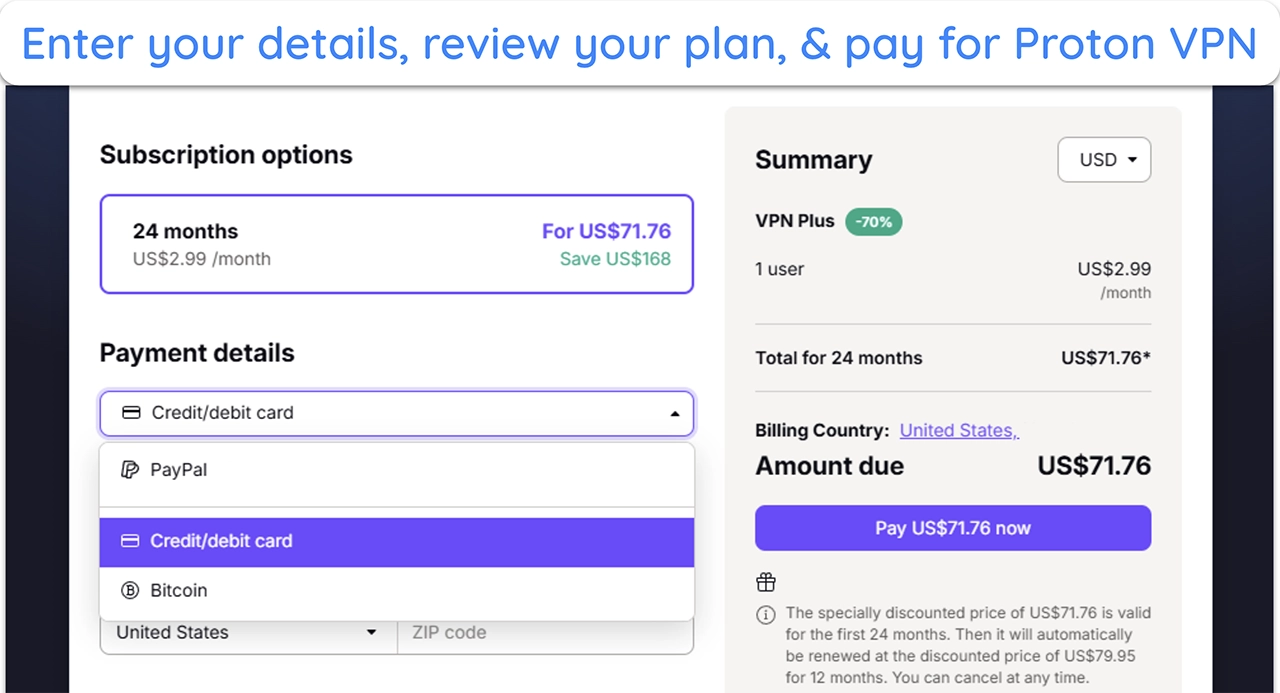 image of Proton VPN's website showing the subscription review and payment options.