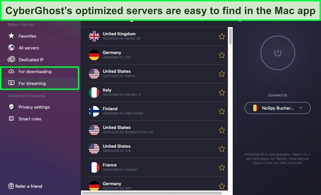 Screenshot of CyberGhost Mac app's streaming servers tab.