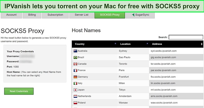 Screenshot of available SOCKS5 proxy locations included with an IPVanish subscription.