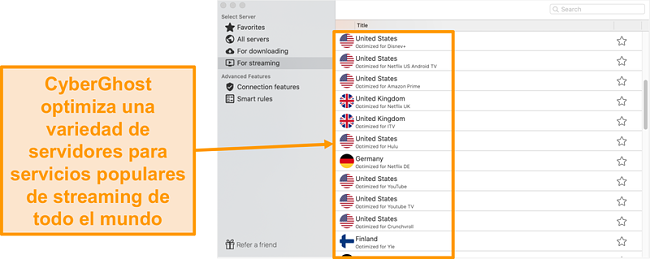 Captura de pantalla de la aplicación CyberGhost para Mac que muestra los servidores optimizados para la transmisión