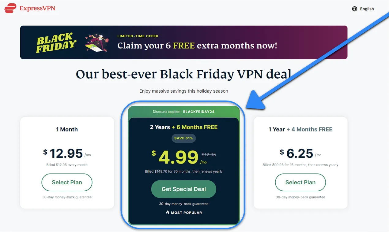 ExpressVPNの最適なサブスクリプションプランを選択する方法を示すスクリーンショット