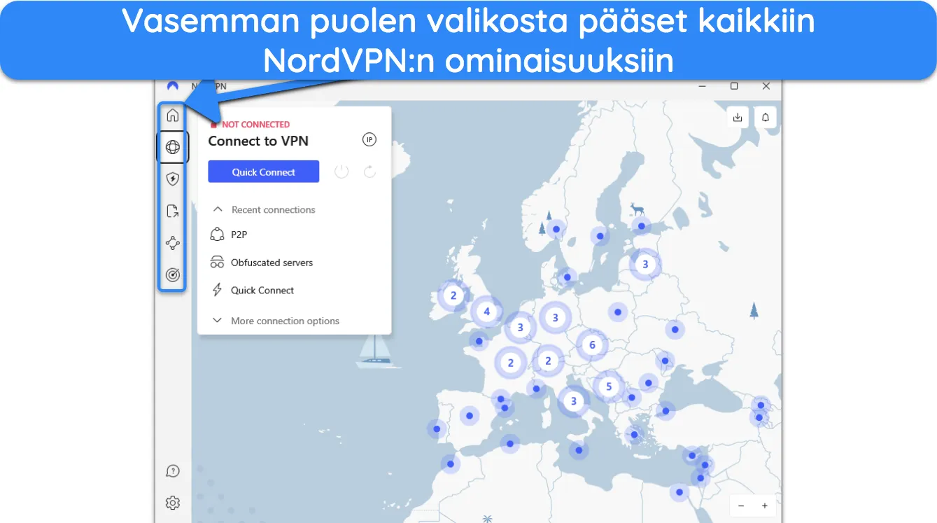 Kuvakaappaus navigointipalkista NordVPN:n työpöytäsovelluksissa.