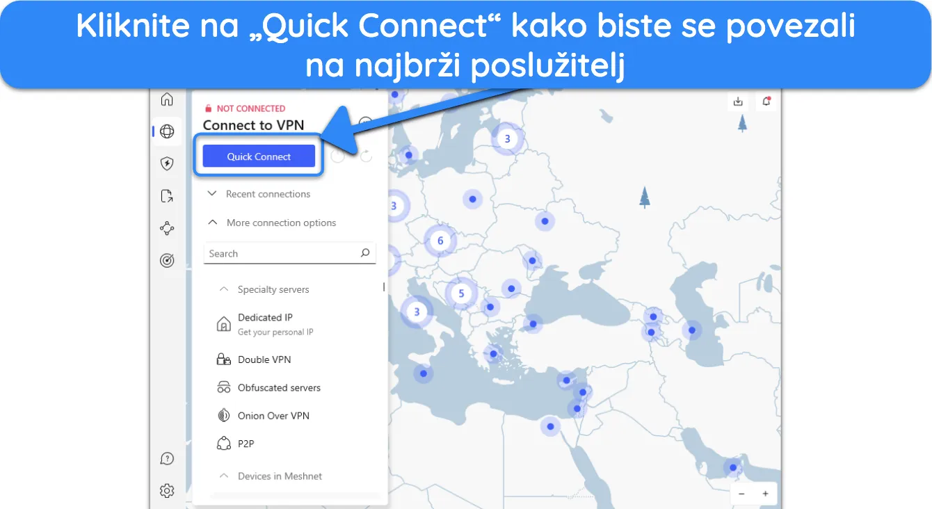 Snimka zaslona koja pokazuje kako se automatski povezati s najbržim poslužiteljem u blizini nakon instaliranja NordVPN-a.