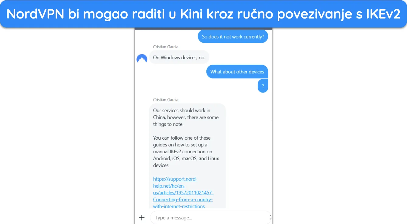 Snimka zaslona NordVPN podrške koja objašnjava kako bi VPN mogao funkcionirati u Kini.