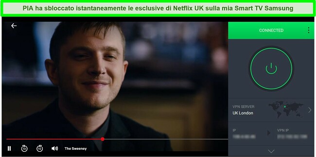 Screenshot dello streaming di The Sweeney su Netflix UK mentre PIA è connesso a un server a Londra