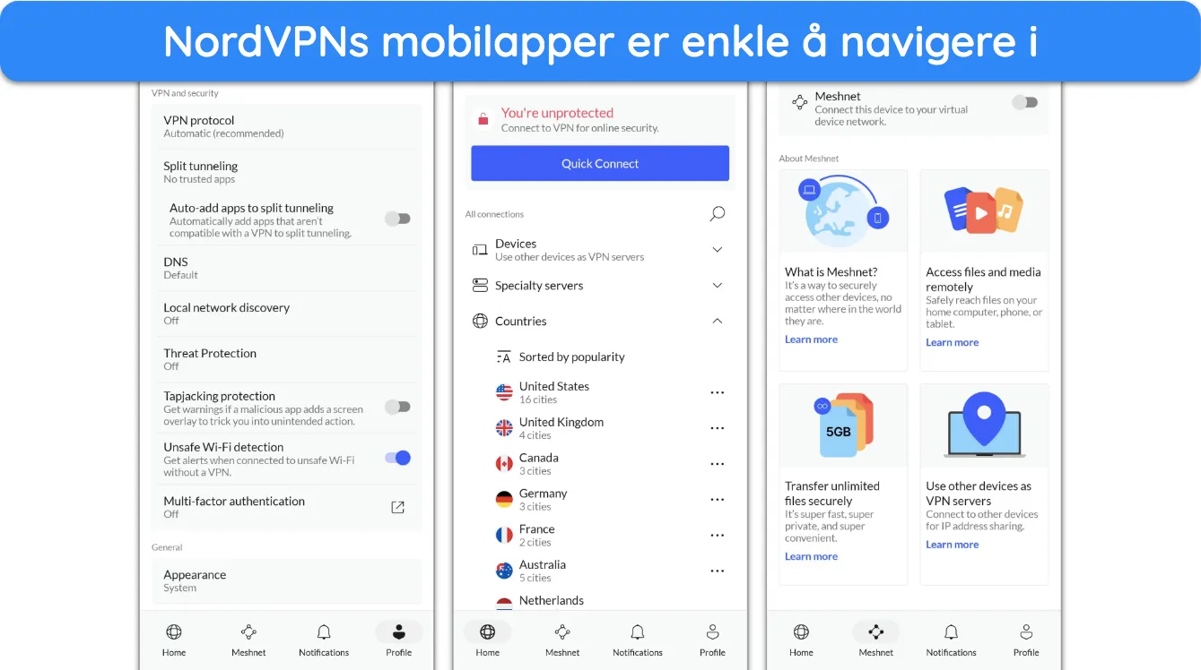 Skjermbilde som viser NordVPNs mobilapp itnerface.