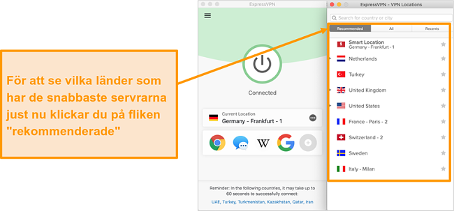 Skärmdump av ExpressVPN-appen som visar rekommenderade servrar