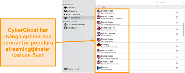 Skärmdump av CyberGhost-appen för Mac som visar de optimerade servrarna för streaming