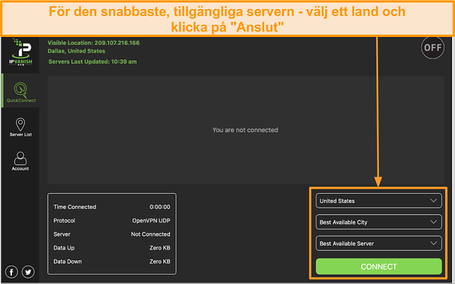 Skärmdump av IPVanish-appgränssnittet och avsnittet 