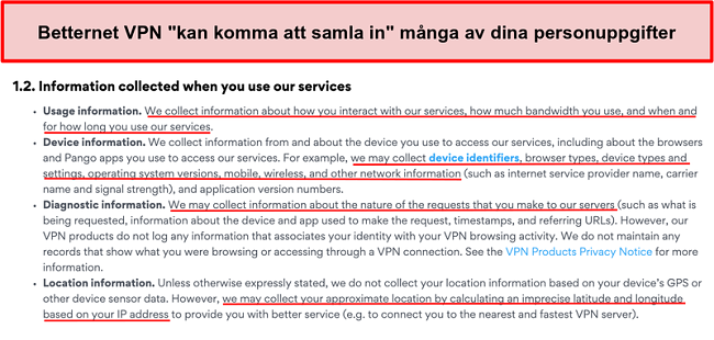 Skärmdump av Sekretesspolicy för Betternet VPN