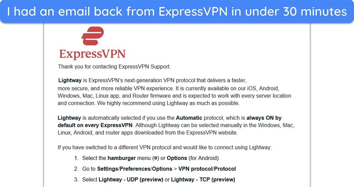 image of email response from ExpressVPN customer support.