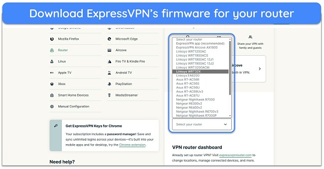 Screenshot of ExpressVPN's list of supported routers and how to download router firmware