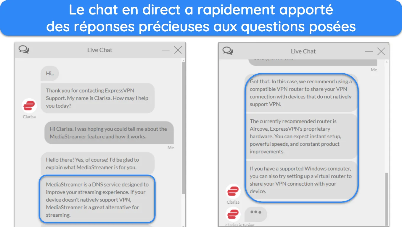 images du chat en direct d'ExpressVPN, avec un agent répondant aux questions sur la fonctionnalité MediaStreamer.