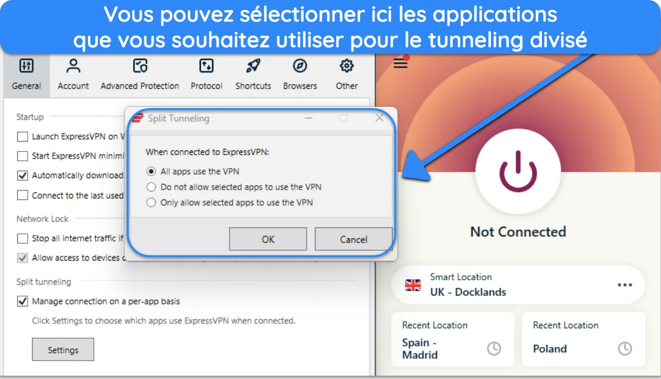 image de l'application Windows d'ExpressVPN, montrant la fonction de tunneling fractionné.