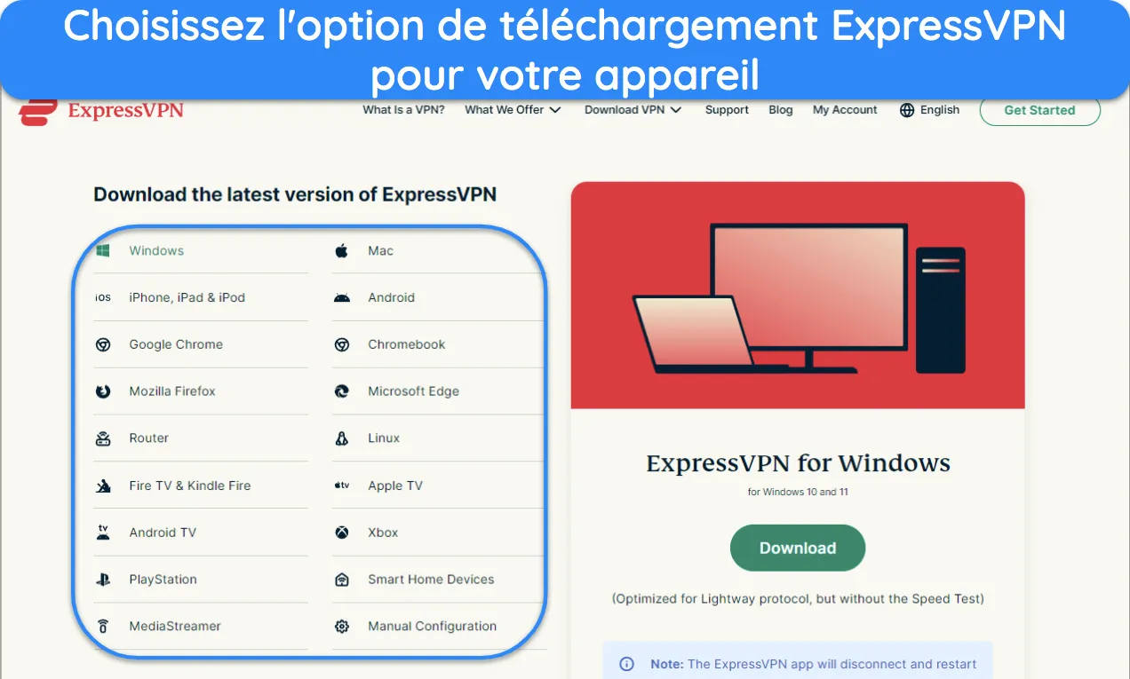 image du site Web d'ExpressVPN montrant les différentes applications disponibles.