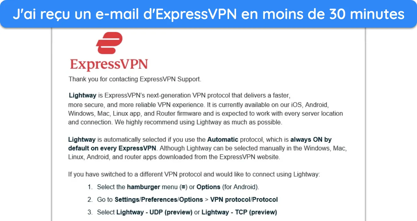 image de la réponse par e-mail du support client d'ExpressVPN.