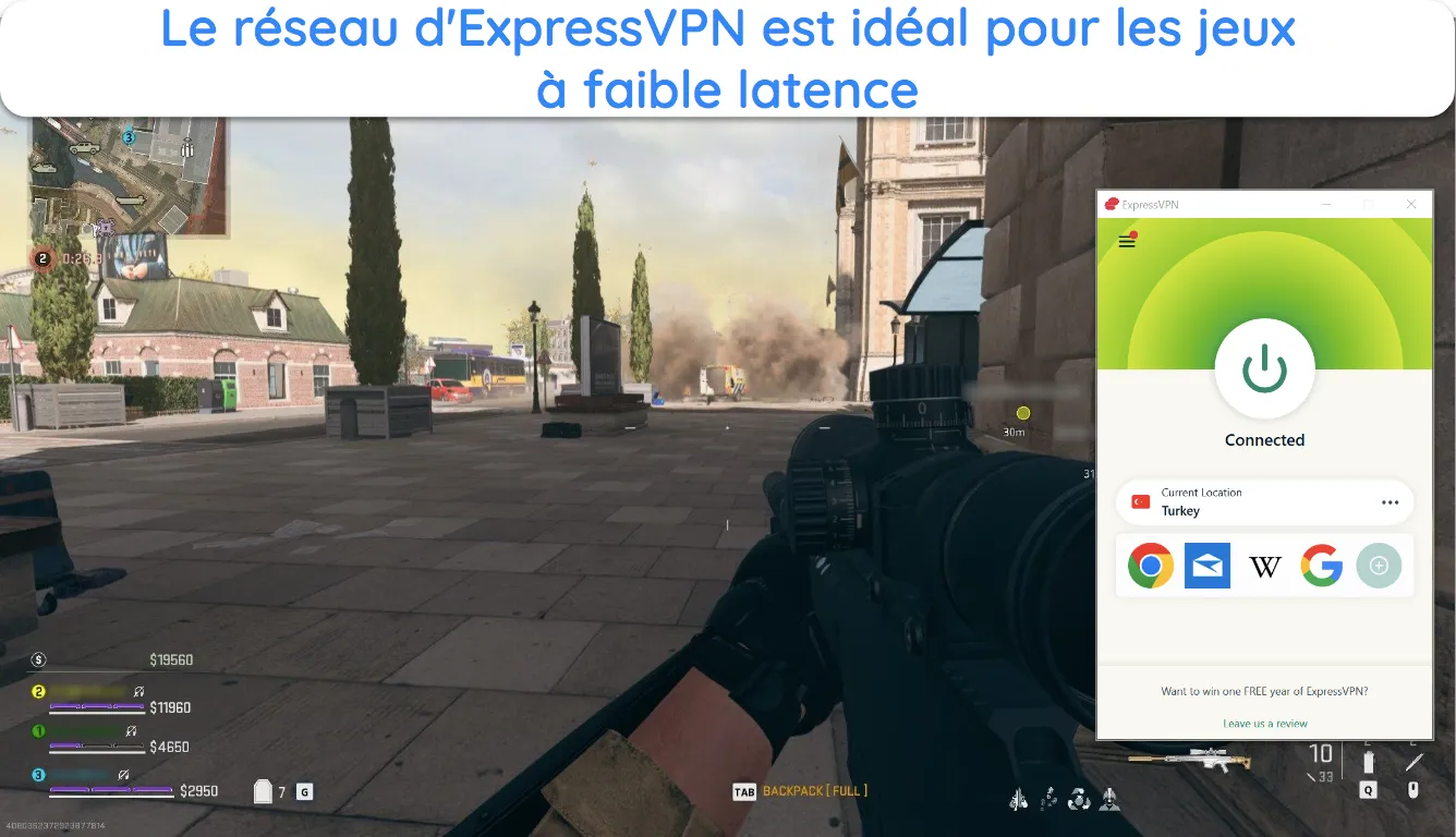 image d'une partie en ligne COD: Warzone en cours avec ExpressVPN connecté à un serveur en Turquie.