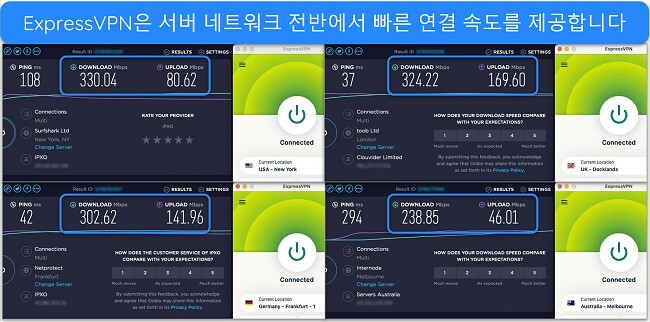 미국, 영국, 독일 및 호주의 서버에 연결된 ExpressVPN을 사용한 Ookla 속도 테스트 결과 이미지