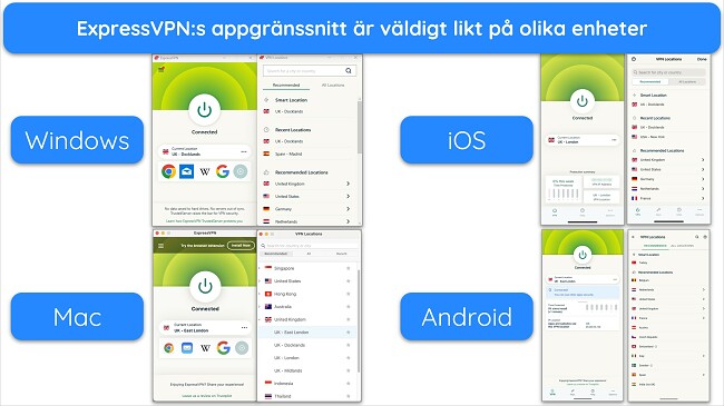 Bilder av ExpressVPNs appar på Windows, Mac, iOS och Android, alla anslutna till brittiska servrar och visar serverlistan.