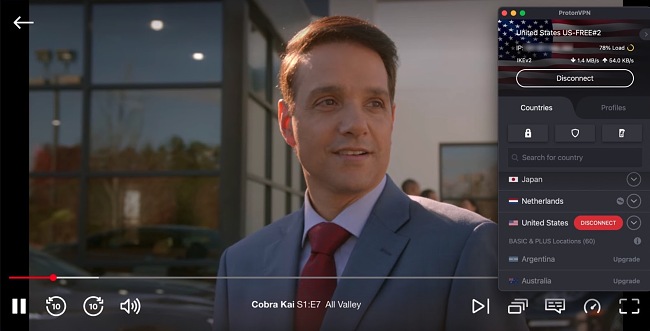 Screenshot showing Proton VPN's free Mac app connected to a US server while Netflix US is streaming an episode of Cobra Kai.