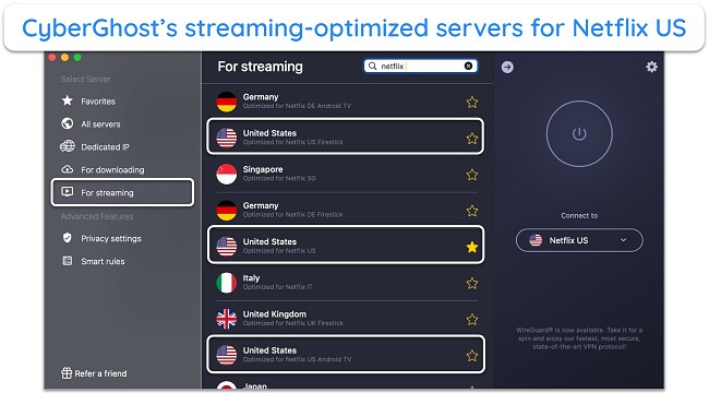 Screenshot of CyberGhost's streaming-optimized servers for Netflix US