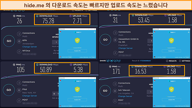 네덜란드, 독일 및 미국의 서버에 연결된 hide.me의 스크린샷으로 다운로드 및 업로드 속도 테스트 결과를 강조 표시합니다.